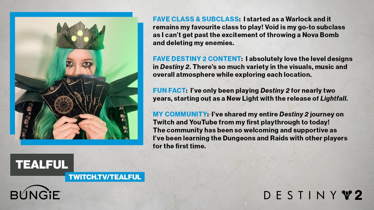 .<a href="/tealful/">tealful</a> has come a long way since she took her first steps in the Cosmodrome.

Her Guardian fashion and cosplay is some of the best in the stars! 💚

Check out her channels below👇
▶️ youtube.com/tealful
🔴 twitch.tv/tealful
