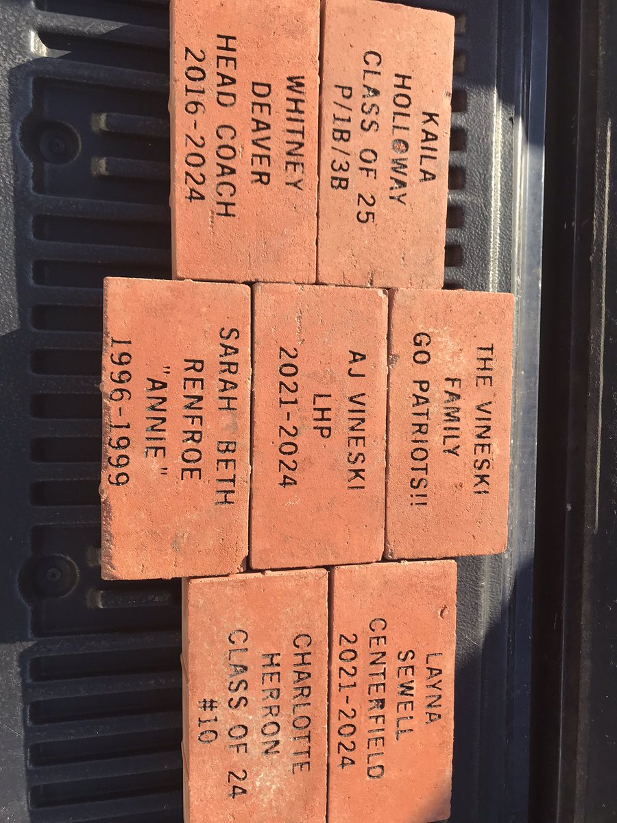 The new order of Alumni Bricks arrived today. They will be installed tomorrow behind the backstop. 
We will take orders again this fall for next season.