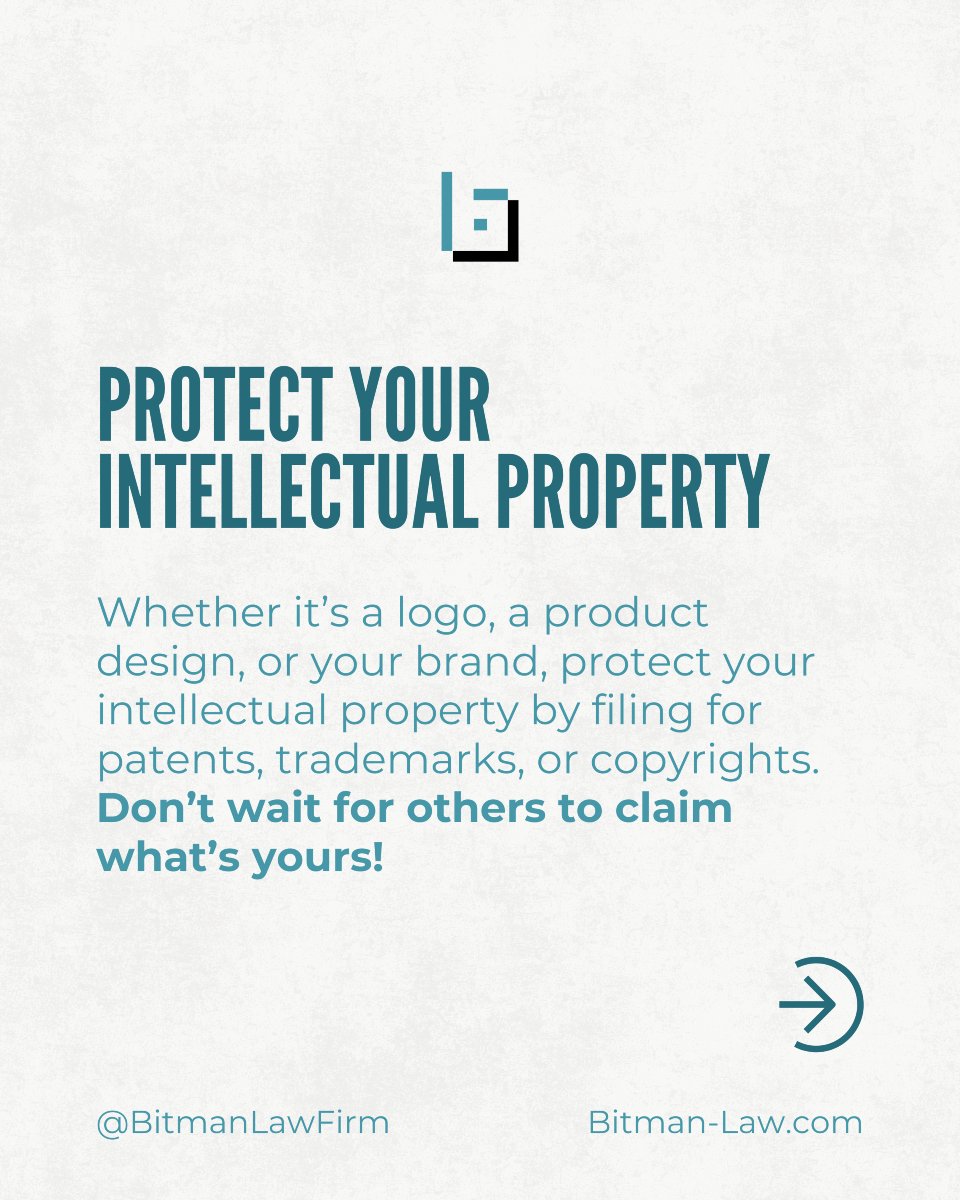 Bitmanlawfirm's tweet photo. Want to protect what’s yours? Swipe through for a vital legal tip on safeguarding your intellectual property.

Secure your intellectual property now.
Contact Bitman O'Brien for expert legal guidance.

#IPProtection #LegalTips #BitmanOBrien #Trademark #Copyright #BusinessLaw https://t.co/TkF9rZYpLP