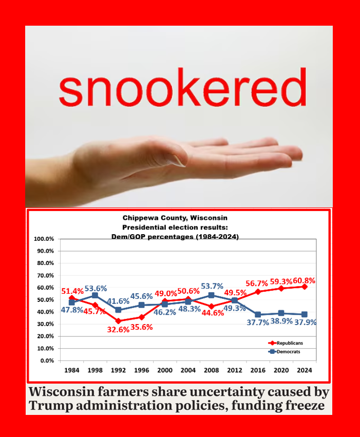 bennel62's tweet image. Feeling #snookered yet Chippewa County #Wisconsin voters as #FirstFelon #DonaldTrump yanks the rug from under your livelihood #2024Election #trumpresults #chaos #confusion #cruelty paulsnewsline.blogspot.com/2025/02/feelin…