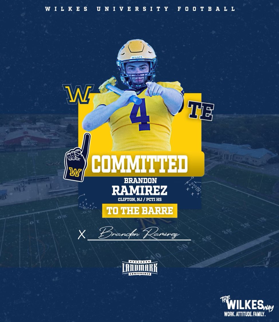 Brandon Ramírez (@bramirez_84) on Twitter photo Blessed to announce my commitment to further my academic and athletic career <a href="/WilkesU/">Wilkes University</a>. Thankyou <a href="/CoachBiever/">David Biever</a> for the opportunity. Ready to work ‼️
#GoColonels 🔵🟡 #AGTG
<a href="/PCTVSFBRECRUIT/">PCTI Football Recruiting</a>
<a href="/PCTIBulldogFB/">Passaic Tech High School Football</a>
<a href="/PCTI_CoachMuir/">Antony Muir</a>
<a href="/Coach_Fava50/">Matt Fava</a>
<a href="/CoachKDickerson/">Coach Dickerson</a>
<a href="/CoachDBryant76/">Darian Bryant</a> Blessed to announce my commitment to further my academic and athletic career <a href="/WilkesU/">Wilkes University</a>. Thankyou <a href="/CoachBiever/">David Biever</a> for the opportunity. Ready to work ‼️
#GoColonels 🔵🟡 #AGTG
<a href="/PCTVSFBRECRUIT/">PCTI Football Recruiting</a>
<a href="/PCTIBulldogFB/">Passaic Tech High School Football</a>
<a href="/PCTI_CoachMuir/">Antony Muir</a>
<a href="/Coach_Fava50/">Matt Fava</a>
<a href="/CoachKDickerson/">Coach Dickerson</a>
<a href="/CoachDBryant76/">Darian Bryant</a>