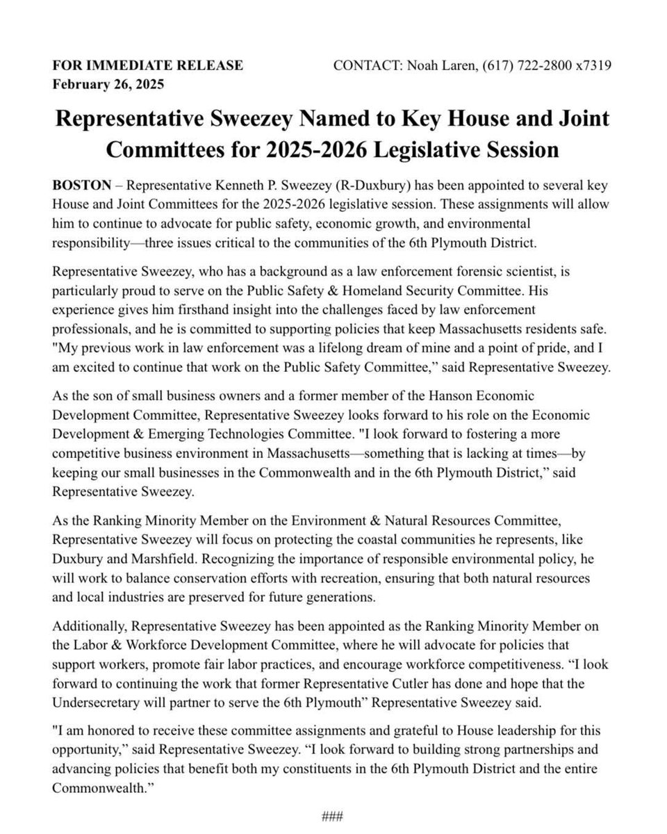 Excited to join these committees to further serve the Commonwealth and the district!