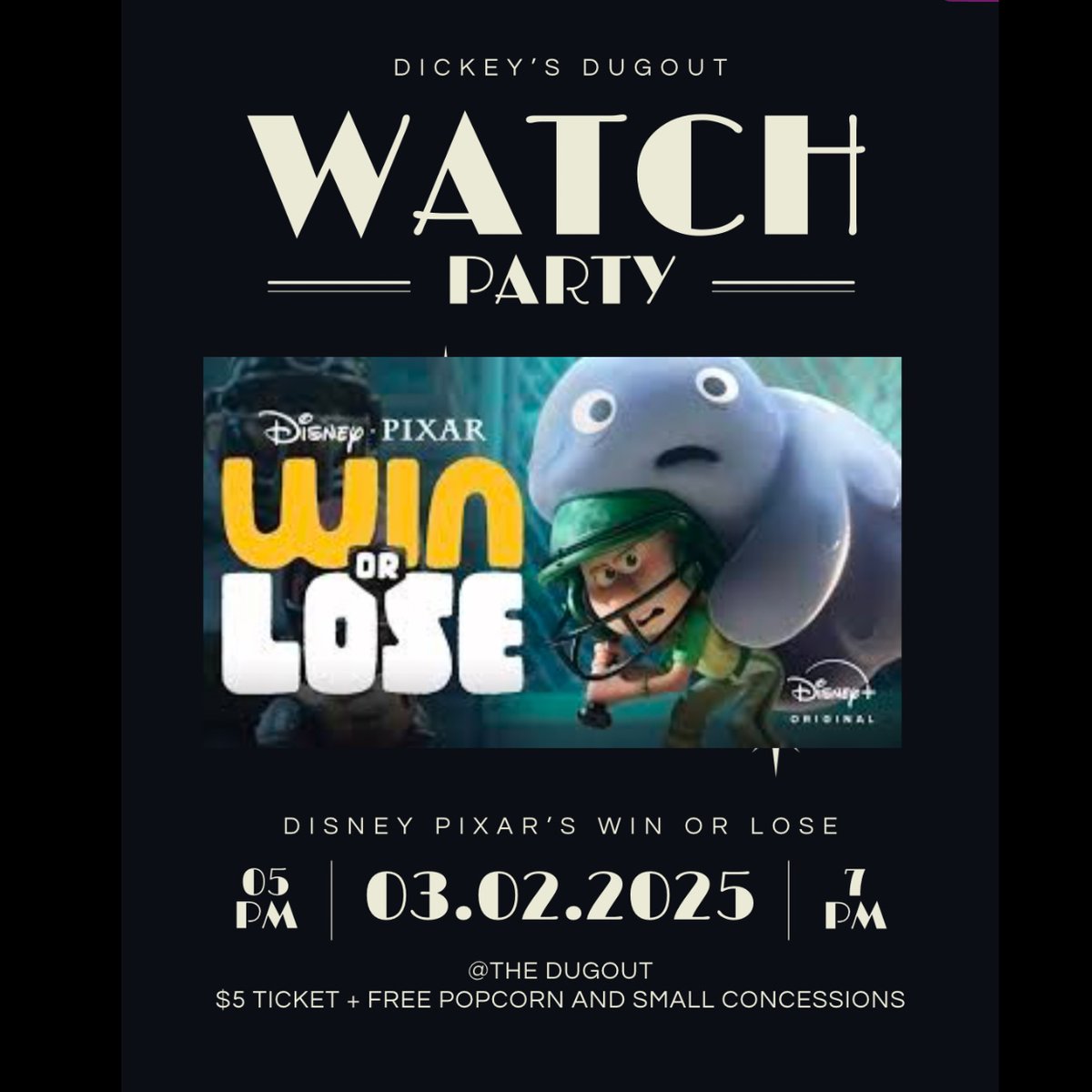 NEW LINK ALERT!
.
We had some issues with the first link to RSVP try the new link below!
.
THIS SUNDAY
Pixar's Win or Lose Watch Party
5-7pm
$5 or $20 for full family
.
signupgenius.com/go/10C0C4BA5AA…