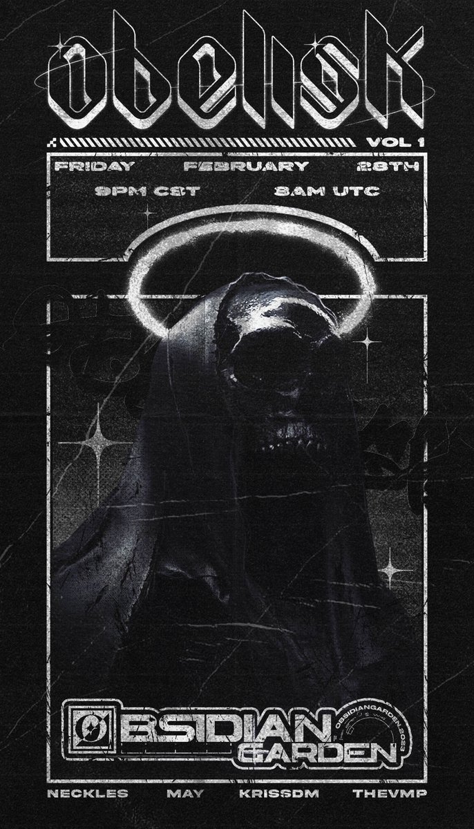 OBSDNGRDN's tweet image. OBELISK SERIES: VOL. 1 🖤

Friday Feb 28 @ 9PM CST//10PM EST  

Doors open 15 min prior  

10PM - @nekles2 
11PM - @i_may_u 
12AM - @dm_kriss 
1AM - @TheVmpVRC