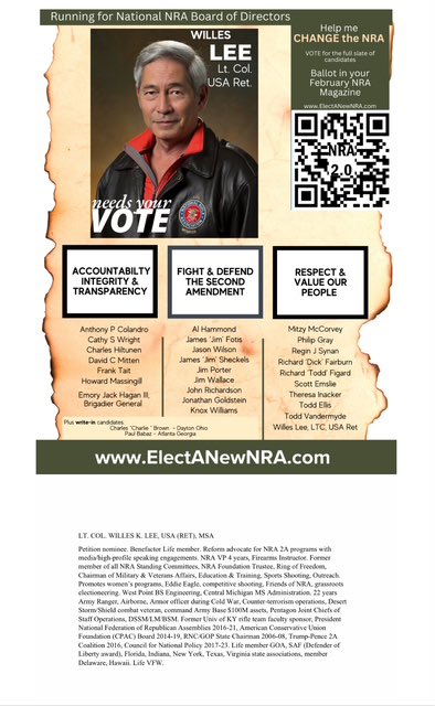 WillesLee's tweet photo. We can #fixNRA. Give members & staff the Board we deserve.
Get ballot, vote (for me, please) ONLY https://t.co/1PPDeHdVEl.
NRA succeeds if OG cabal “vestiges of the regime that presided over the period of unlawful behavior” is rejected.
#voterinfo #letvotersdecide #endcensorship https://t.co/jUhuKtdAMt