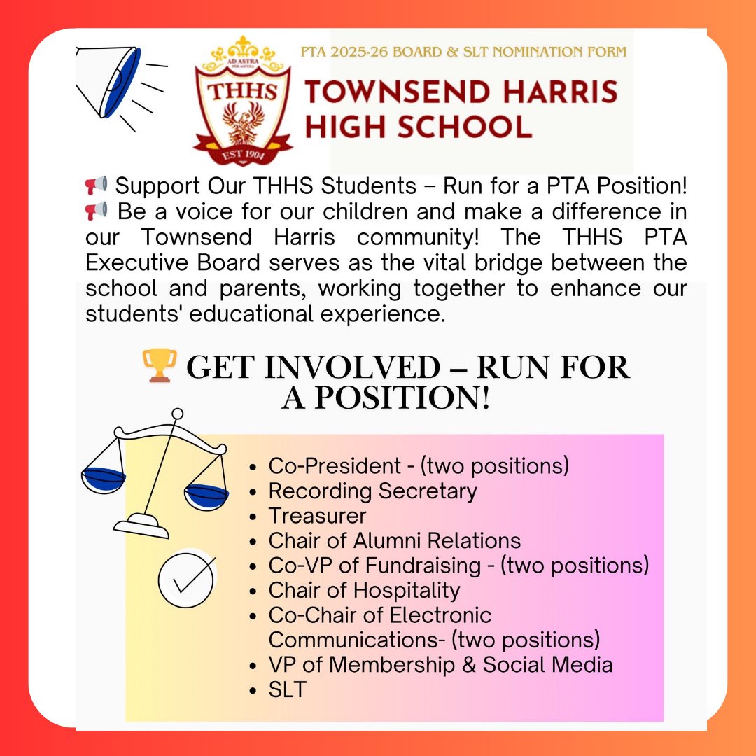 thhspta's tweet photo. Interested in joining the THHS PTA Board or SLT for SY 2025-2026? Submit your nomination! All candidates must be a current parent/guardian of a student in school (except senior parents). https://t.co/JVWLvOBhkL