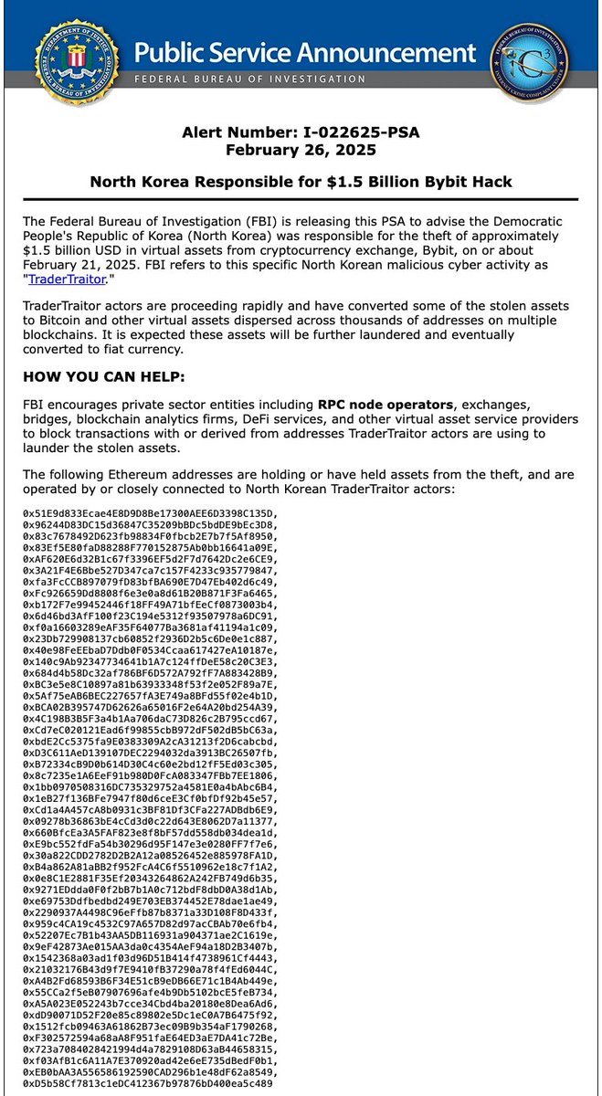 🇰🇵FBI确认Bybit被盗15亿美元是朝鲜黑客所为

据 FBI 公告显示，美国联邦调查局发布安全公告（PSA），确认朝鲜黑客组织对 Bybit <a href="/Bybit_Official/">Bybit</a>  交易所约 15 亿美元数字资产被盗事件负责。FBI