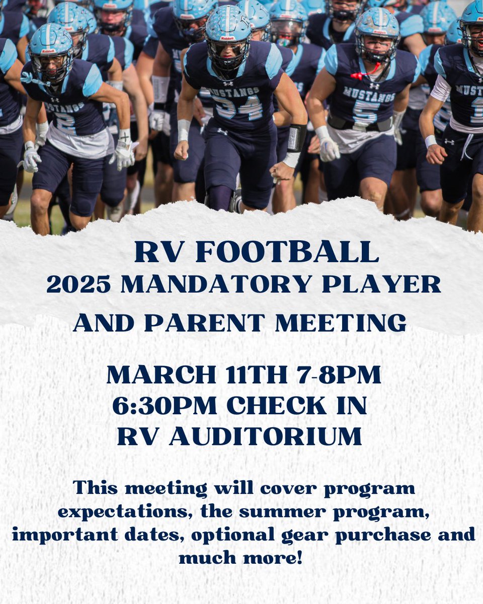 Ralston Valley Football (@footballralston) on Twitter photo ATTENTION INCOMING FRESHMEN & CURRENT RV FOOTBALL PLAYERS!! Donβt miss this very important meeting. All players and at least one parent must be present! All important information is on the picture. <a href="/HS_MUSTANGS/">Ralston Valley Athletics</a> ATTENTION INCOMING FRESHMEN & CURRENT RV FOOTBALL PLAYERS!! Donβt miss this very important meeting. All players and at least one parent must be present! All important information is on the picture. <a href="/HS_MUSTANGS/">Ralston Valley Athletics</a>