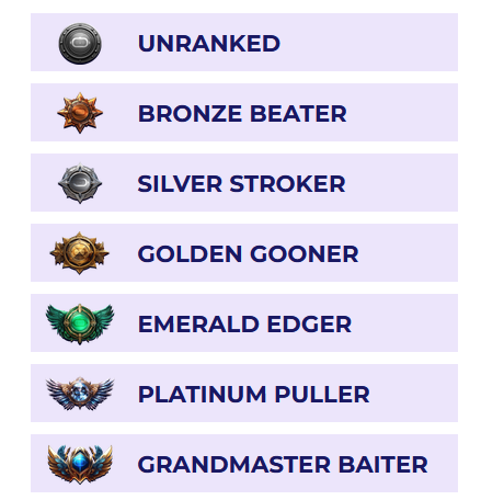 So found out Jerkmate had a cookie-clicker-like game, but instead of cookies, it's ranked jerkoff.
Look at these ranks: GOLDEN GOONER, PLATINUM PULLER. I love it. I'm going to use these terms now.

#JerkmateRanked