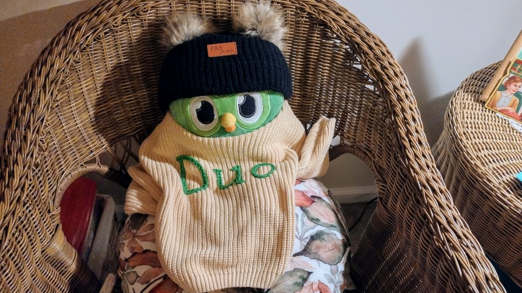 MayEmilyann's tweet photo. @duolingo Now that you're back, Duo, how about asking the design team to make Duo sized sweaters and hats for our little Duos. https://t.co/foN3B8TqyJ