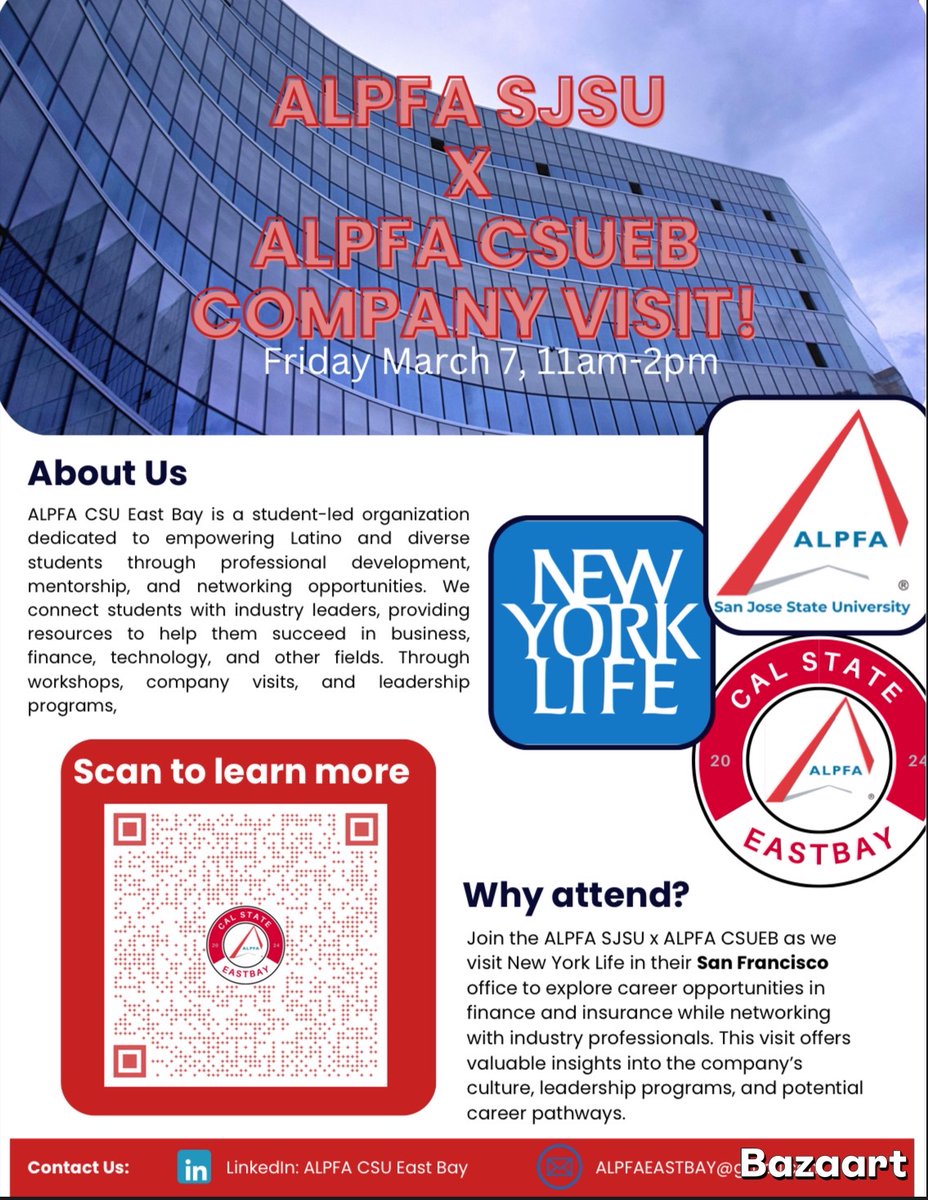 ALPFA x New York Life Company Visit 

Event Details:
📅 Date: Thursday, March 7, 2024
📍 Location: New York Life – 425 Market St, 9th Floor, San Francisco, CA 94105
⏰ Time: 11:00 AM – 2:00 PM

Register: docs.google.com/forms/d/e/1FAI…