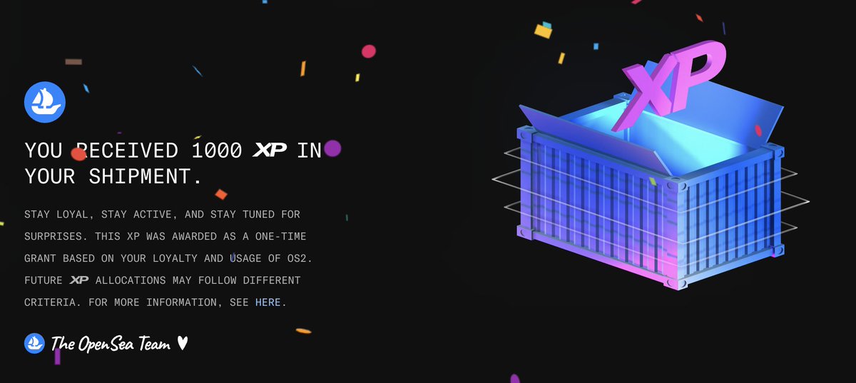 Thank you <a href="/dfinzer/">dfinzer.eth | opensea</a>  and The OpenSea Team 🤍
<a href="/opensea/">OpenSea</a> is sending out XP shipments! 🎁

How much XP did you get?👀