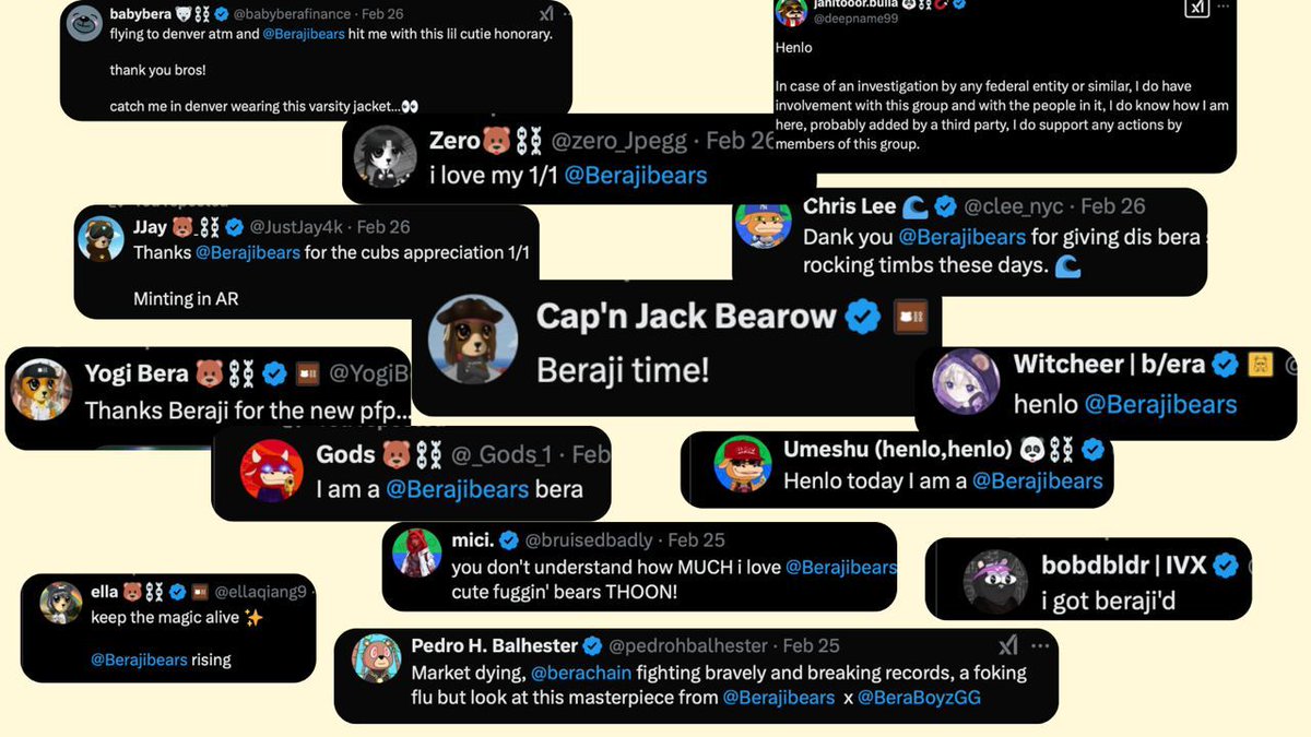 we've got some good frens backing the art &amp; vision 🐻 ✨

frens are hard to find, but on berachain, we vouch for the growth of every individual, every project, and the entire ecosystem.

mint page is live! check it out, berajis 🧡🤎🤍 magiceden.io/launchpad/bera…

12 hours. ⏳🚀