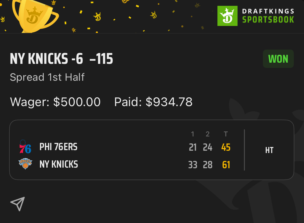 CASH THOSE TICKETS🤑🤑

Knicks 1H -6✅

Full plays here: whop.com/luckylounge