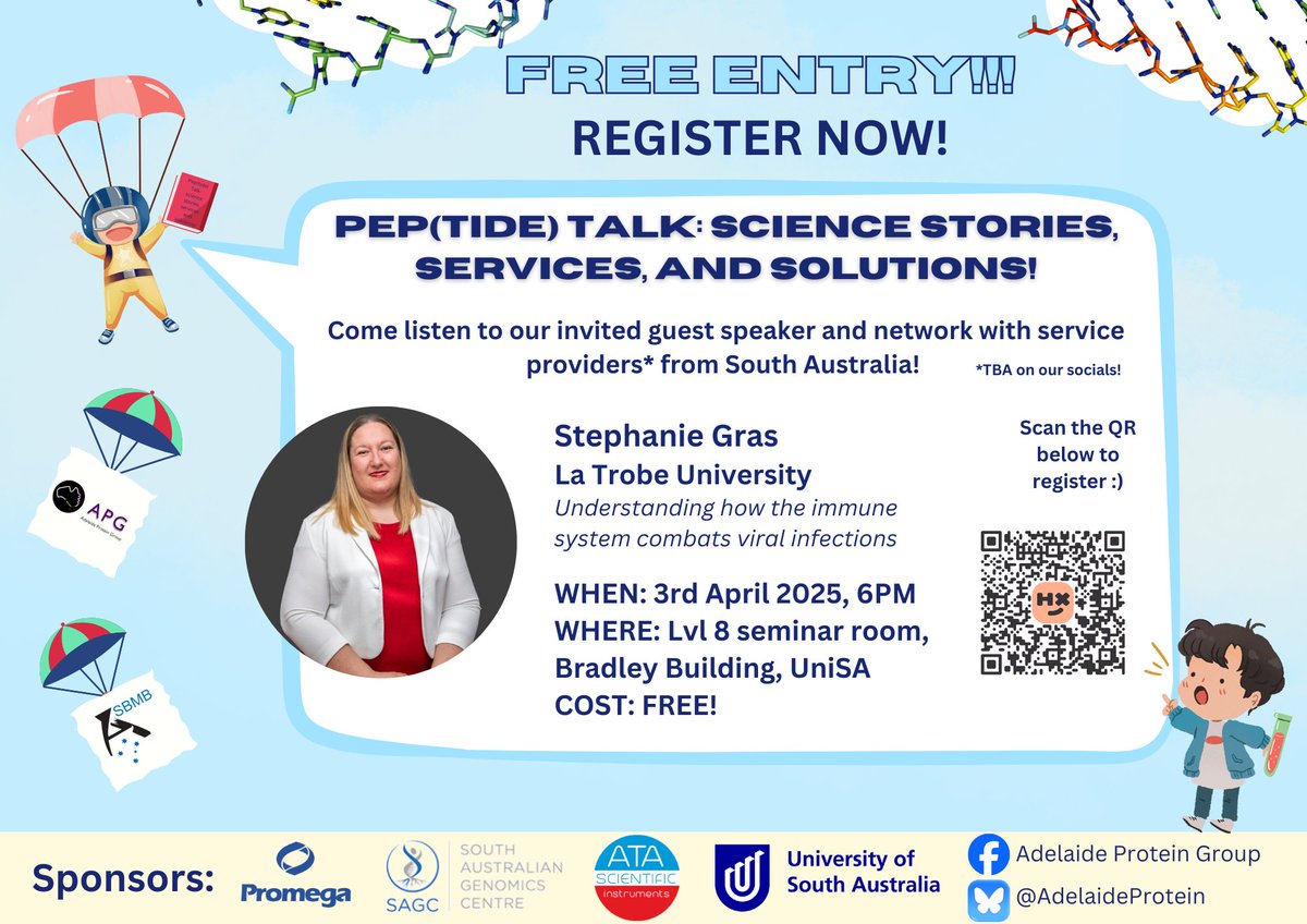 🔬 Join us for an insightful evening of research and networking! 

We are pleased to welcome Prof. Stephanie Gras from La Trobe, who will share her expertise on how the immune system combats viral infections. 

Big thanks to our sponsors: Promega, SAGC, ATA Scientific, and UniSA.