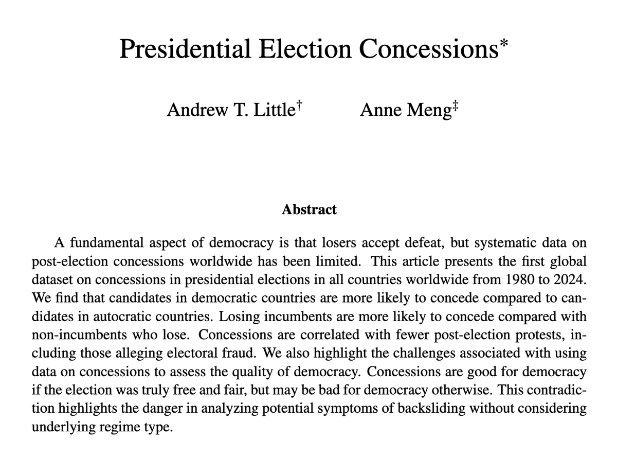 🚨New paper alert!🚨 Andrew &amp; I are excited to share “Presidential Election Concessions.” We present a new global dataset on concessions in presidential elections in all countries worldwide from 1980 to 2024 /1