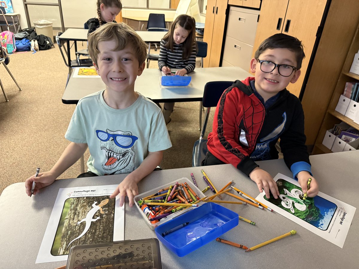 K-1 STEM club today! We learned about how animal adaptations help them survive from predators. We played a candy camouflage game to model mimicry and then we camouflaged an animal in their habitats. <a href="/hitchcock_mps/">Hitchcock Elementary</a> <a href="/Parks_1st/">Mrs. Parks 💕</a> <a href="/MillardPS/">Millard Public Schools</a>