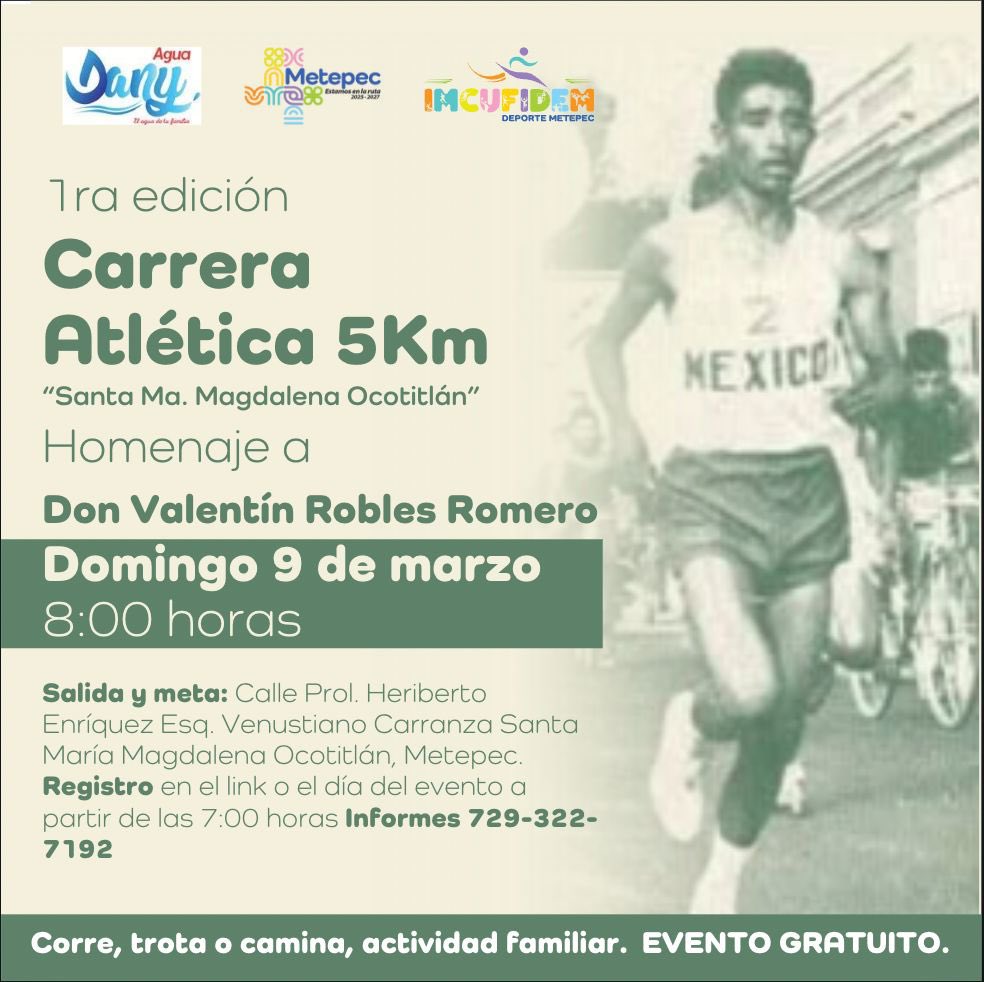 Vecinos de Ocotitlán, los invitamos a participar en esta carrera atlética recreativa.

Medalla 🏅a los primeros  150 en cruzar la meta.

Inscríbete en el siguiente link: acortar.link/19in5h

#EstamosEnLaRuta #IMCUFIDEM