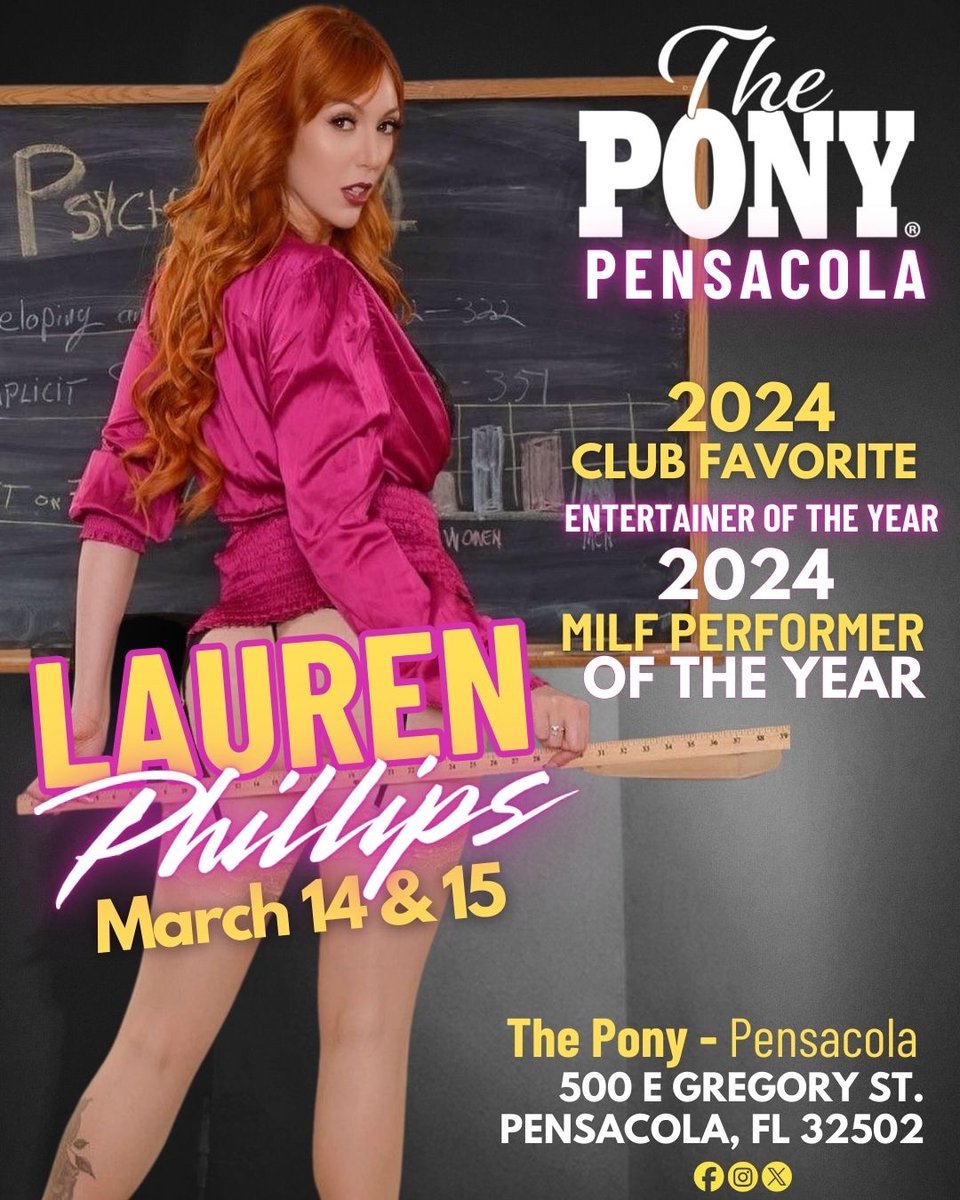 We're so excited to welcome back 2024 Club Favorite &amp; MILF Performer of the Year - Lauren Phillips! She'll be here for 2 nights only March 14-15. 
Get here early for the best seats! 
.
.
.
#redhead #marchmadness #ginger #jerseygirl #thepony #pensacola #ponypensacola #laurenphi...