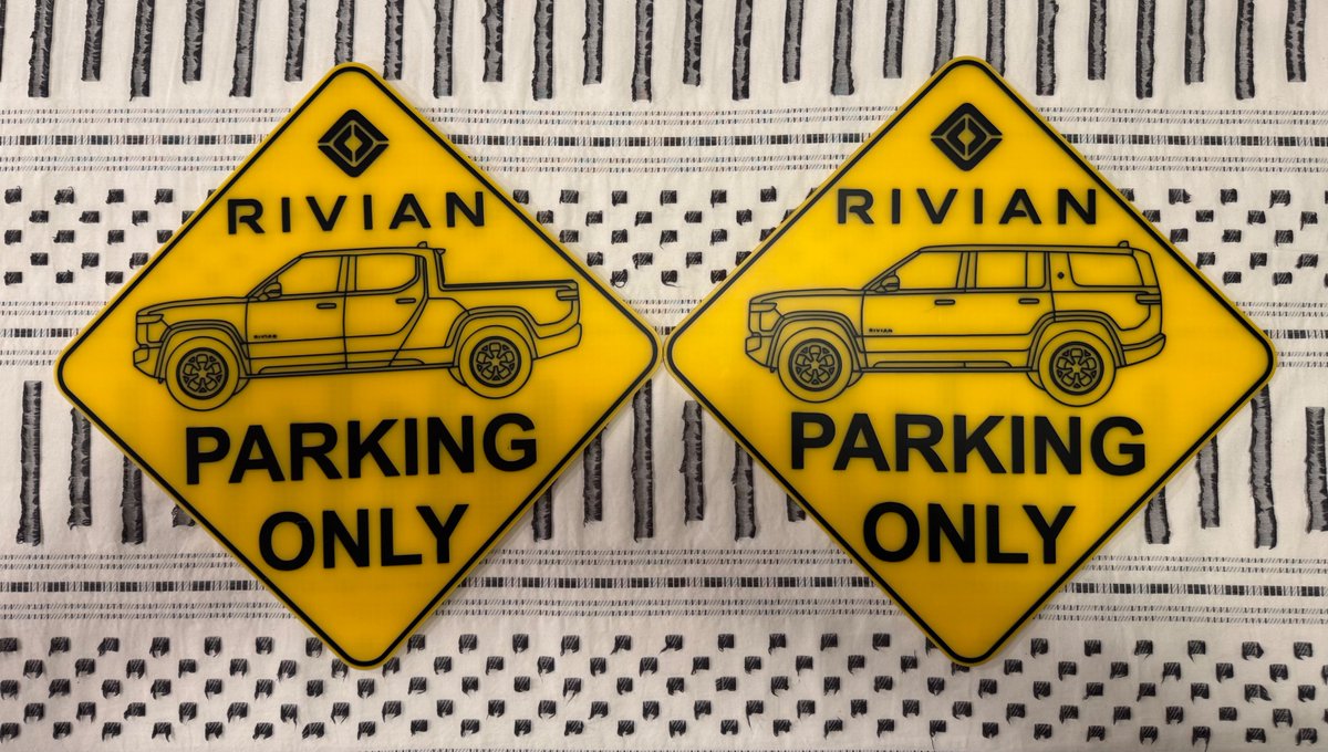 **Rivian Parking Only Sign Giveaway**

By popular request, I'm giving away a few of these Rivian Parking Only signs!  I 3D printed them (not for sale) so they're not perfect, but they still look pretty good!  They are not designed to go outside - I used PLA which is not great in