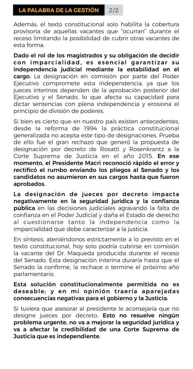 mauriciomacri's tweet image. La experiencia empírica me indica que la designación de jueces a través de un mecanismo como el utilizado por el gobierno no es correcta. Ratifico mi posición de que los jueces que ocupen los cargos más altos del Poder Judicial no pueden ser objeto de tanto rechazo. La confianza…