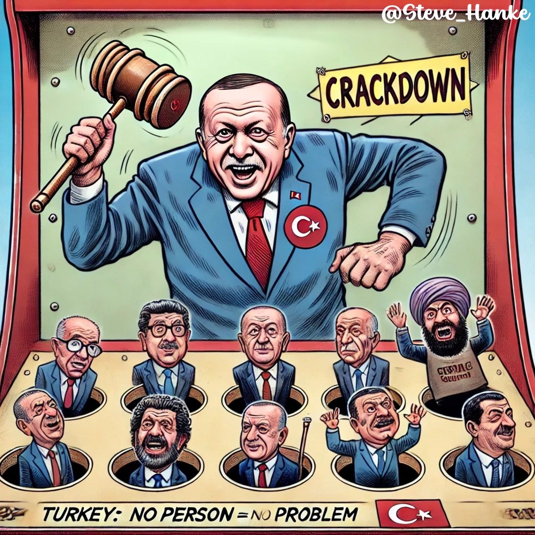 steve_hanke's tweet image. #TurkeyWatch🇹🇷: Pres. Erdogan’s crackdown is in OVERDRIVE.

Istanbul Mayor Ekrem İmamoğlu faces 23 years in prison. TUSIAD executive Ömer Aras, journalist Barış Pehlivan, and even astrologer Hilal Saraç have been detained.

PRES. ERDOGAN’S TURKEY = NO OPPOSITION = NO PROBLEM.