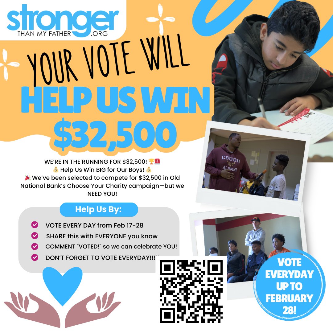 Hey Hey! Did You Vote Today?

🚨 ONLY 2 DAYS LEFT! HELP US WIN $32,500! 🚨
The countdown is ON! ⏳ Only 2 more days to vote and help Stronger Than My Father secure up to $32,500 in Old National Bank’s Choose Your Charity campaign!