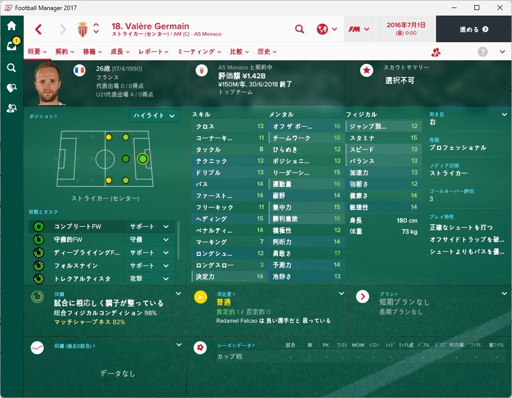 kerlon_fm's tweet photo. ジェルマン、フランスの岡崎慎司みたいな系統の選手?
CLでベスト4になった頃のFootball Managerでの能力はこんな感じで、当時はスター選手だらけだったモナコの中で、監督としてはバランスをとるために起用したいタイプな感じか #fm17 #fm24 https://t.co/B17heeXUlP