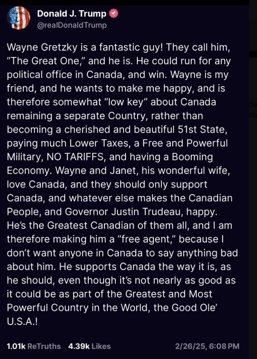 The most divisive man on earth has divided Canada on our greatest hockey player ever, somehow. 
Sad, really.