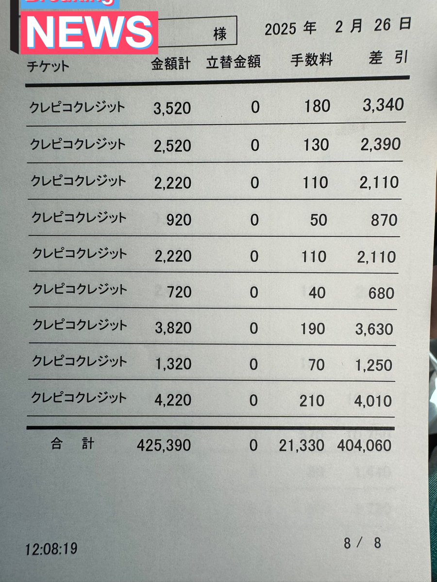 こちらは約1か月分のチケット関連の換金額です
事務に100枚までしかデータに打ち込めないからマメに換金してくださいと怒られました