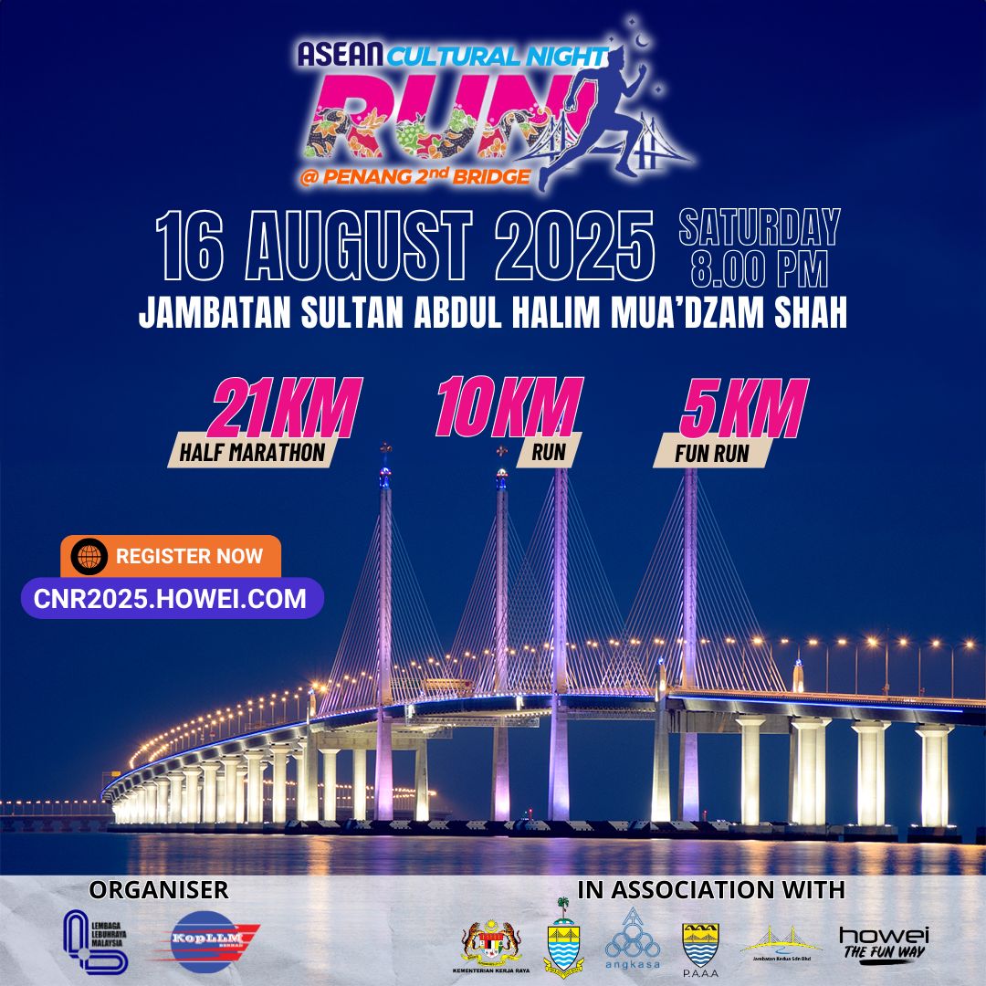 LLM (@llmrasmi) on Twitter photo Jom sertai ASEAN Cultural Night Run (ACNR) 2025 yang akan diadakan pada 16 Ogos 2025 di Jambatan Sultan Abdul Halim Mua'dzam Shah, Pulau Pinang.
Terdapat tiga kategori yang boleh anda sertai iaitu kategori 21KM, 10KM dan 5KM.
<a href="/AlexNantaLinggi/">Alexander Nanta Linggi</a>
<a href="/ahmadmaslan/">Ahmad b Maslan</a>
<a href="/moworksmy/">Kementerian Kerja Raya Malaysia</a> Jom sertai ASEAN Cultural Night Run (ACNR) 2025 yang akan diadakan pada 16 Ogos 2025 di Jambatan Sultan Abdul Halim Mua'dzam Shah, Pulau Pinang.
Terdapat tiga kategori yang boleh anda sertai iaitu kategori 21KM, 10KM dan 5KM.
<a href="/AlexNantaLinggi/">Alexander Nanta Linggi</a>
<a href="/ahmadmaslan/">Ahmad b Maslan</a>
<a href="/moworksmy/">Kementerian Kerja Raya Malaysia</a>