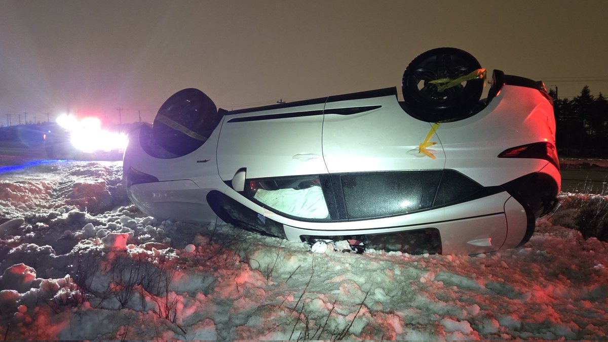 The driver of this car is uninjured after losing control and going off the road on Pitts Memorial Drive, eastbound, east of Ruth Ave. There is standing water in the area, and in several other locations. #nltraffic #nlwx <a href="/NTVNewsNL/">NTV News</a>