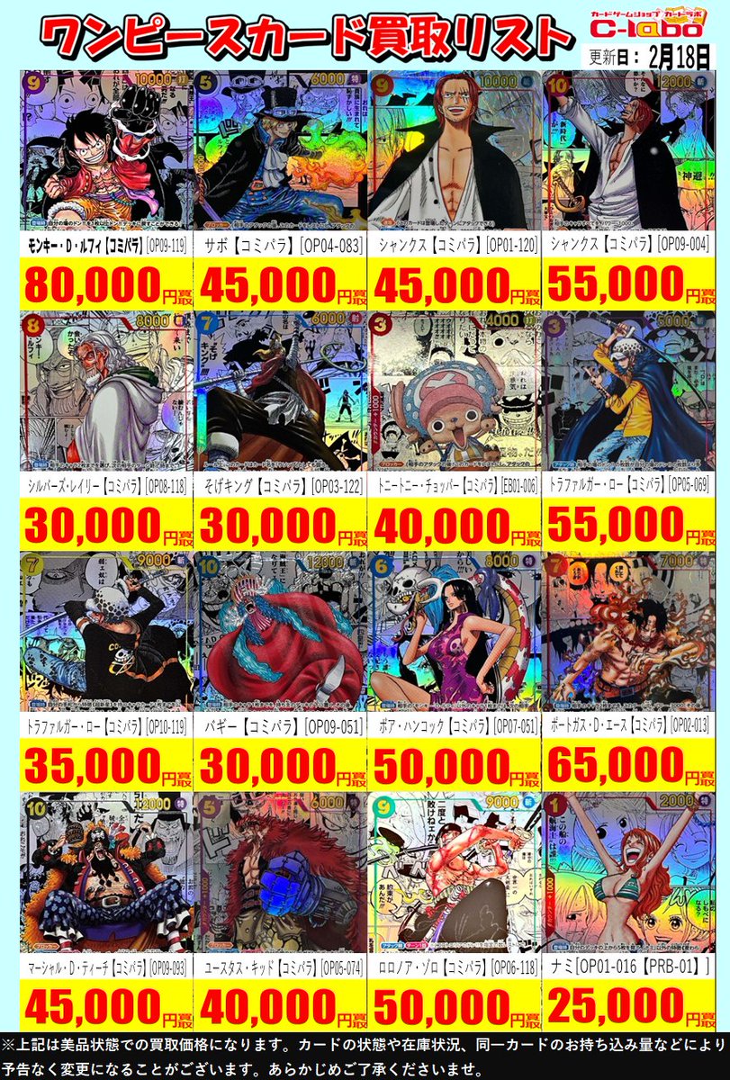 ワンピースカード 買取情報】 ｽｰﾊﾟｰﾊﾟﾗﾚﾙ(コミパラ)の買取リストになり