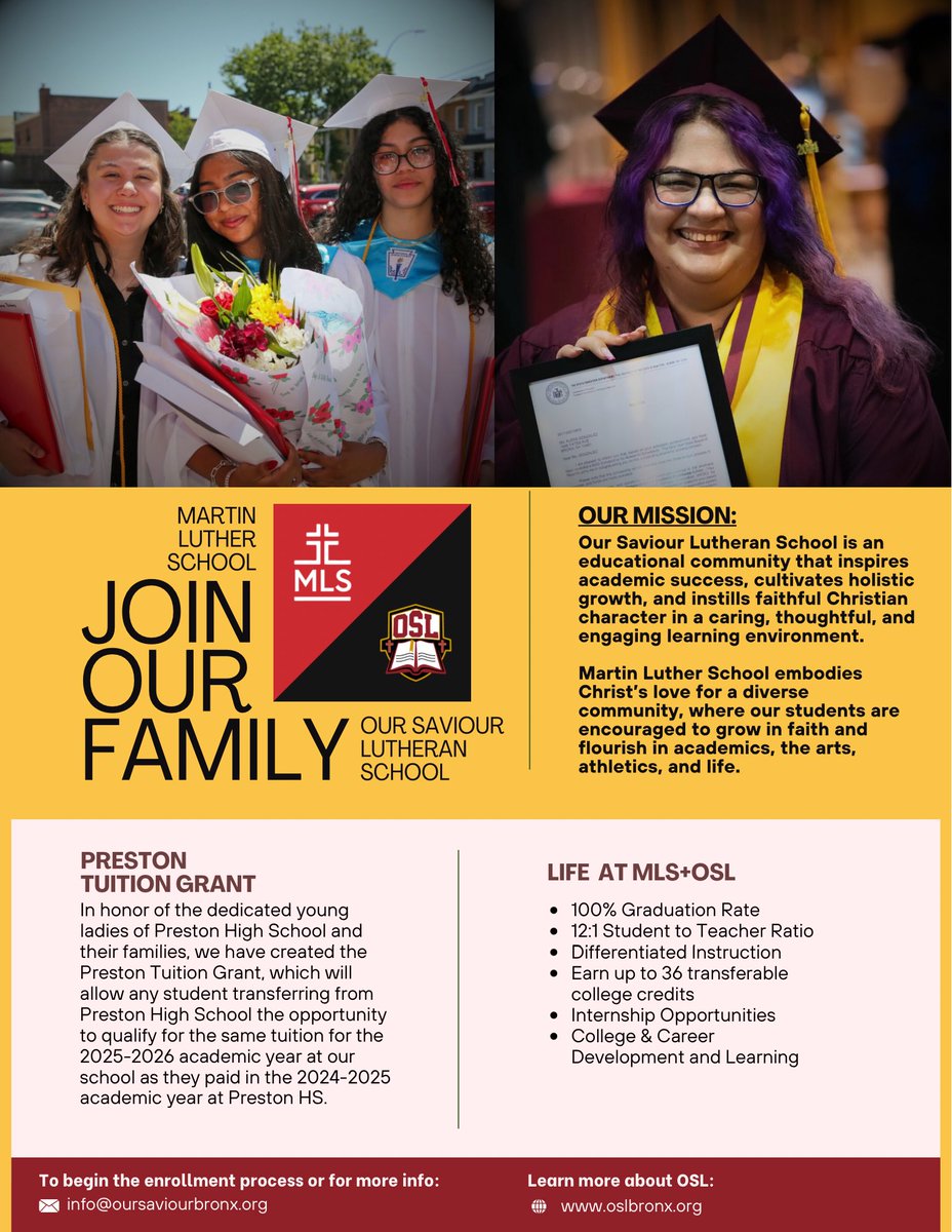 Our Saviour Lutheran School (@therealosl) on Twitter photo 🗣️ Young Ladies & Families of <a href="/PrestonPanthers/">Preston High School</a>… Announcing the Preston Tuition Grant!!!
While we are saddened to hear about the closure of Preston High School, we want to be a secure place for the students to continue their journey where…
🧵(1/2) 🗣️ Young Ladies & Families of <a href="/PrestonPanthers/">Preston High School</a>… Announcing the Preston Tuition Grant!!!
While we are saddened to hear about the closure of Preston High School, we want to be a secure place for the students to continue their journey where…
🧵(1/2)