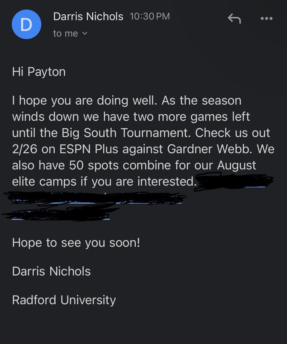 Payton Perry (@paytontootall) on Twitter photo After a few emails I am excited to receive my first college camp invite!!!
#college #basketball #camp #radford
Thank you for this new opportunity
<a href="/RadfordHoops/">Radford Men's Basketball</a> <a href="/DarrisNichols/">Darris Nichols</a>
Any further questions email me at:
Payton.perry@cbasyr.org After a few emails I am excited to receive my first college camp invite!!!
#college #basketball #camp #radford
Thank you for this new opportunity
<a href="/RadfordHoops/">Radford Men's Basketball</a> <a href="/DarrisNichols/">Darris Nichols</a>
Any further questions email me at:
Payton.perry@cbasyr.org