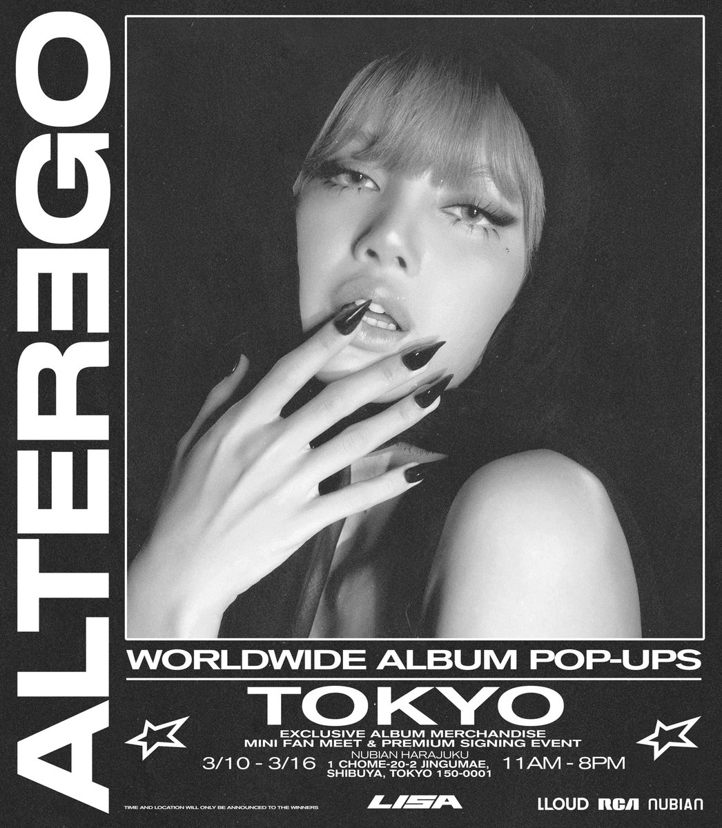wearelloud's tweet photo. We’ll you soon Tokyo! The Alter Ego pop up is coming to you 3.10 - 3.16 ⭑
For more information visit @nubian_tokyo 

#LISA #LISAxAlterEgo https://t.co/SrobBmPPW0