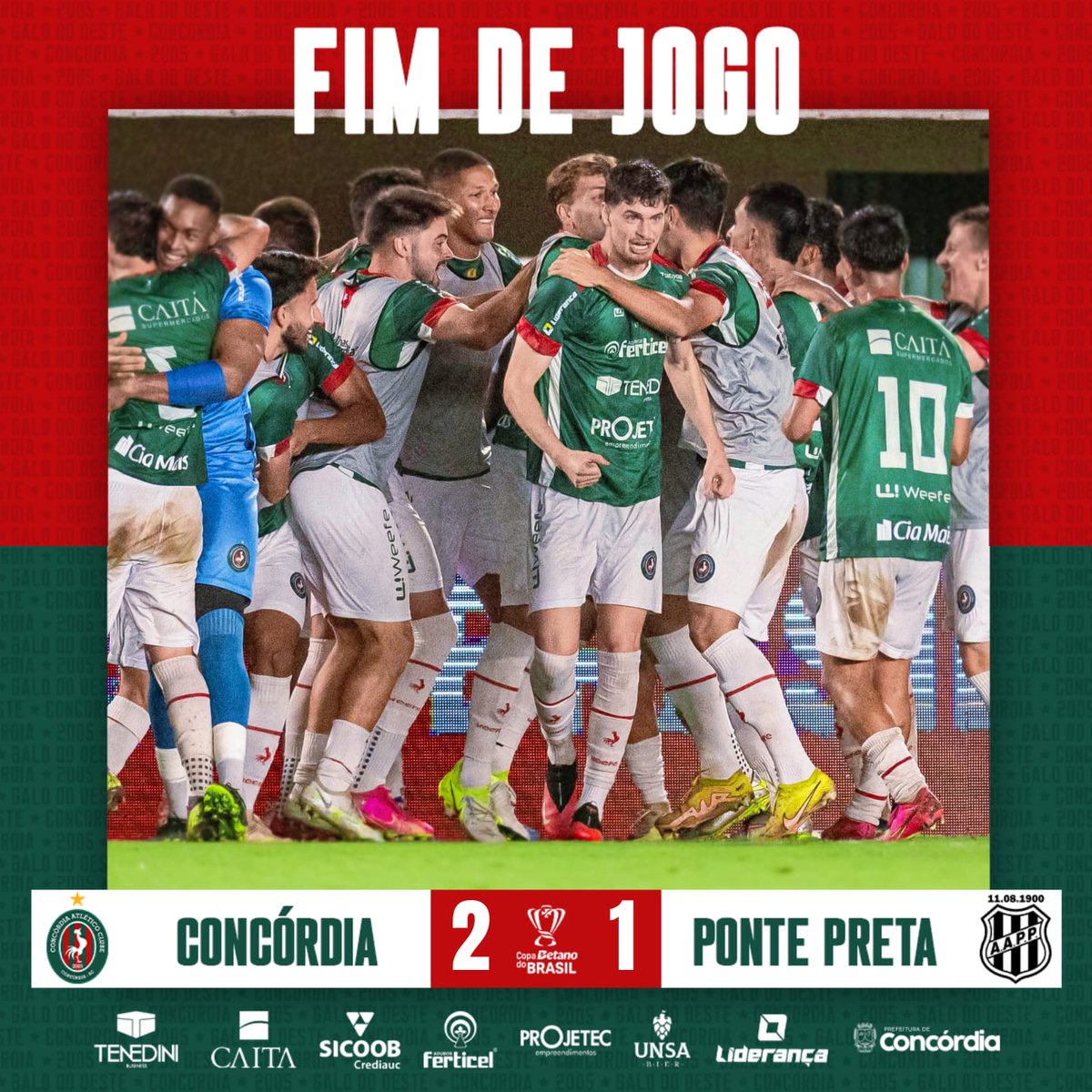 FIM DE JOGO! O CONCÓRDIA ATLÉTICO CLUBE FAZ HISTÓRIA, VENCE A PONTE PRETA DE VIRADA E AVANÇA DE FASE EM SUA PRIMEIRA PARTICIPAÇÃO NA COPA DO BRASIL! 🏆🇧🇷

FAZ O PIX, <a href="/CBF_Futebol/">brasil</a>! 💰

PRAZER, GALO DO OESTE! 🐓💚❤️

Concórdia 2x1 Ponte Preta

#CONxPON #CopaDoBrasil2025 #VamosGalo