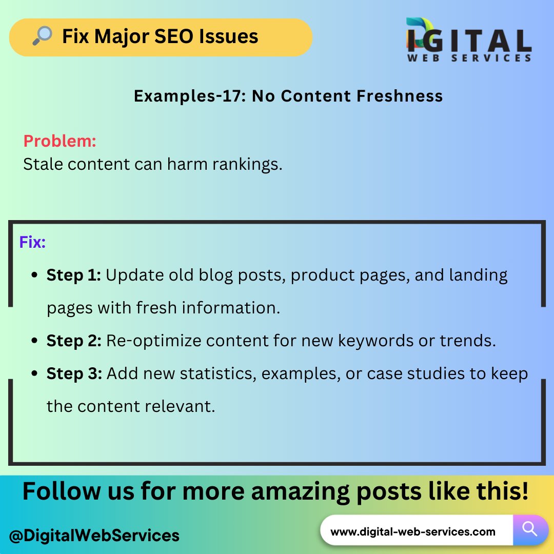 digitalwebservs's tweet image. #FixSEOIssues: 🚀Boost Your SEO: Keep Content Fresh!  🔗 — Here know how to fix it..!

👉 visit: digital-web-services.com/major-seo-issu…

#SEO #ContentMarketing #DigitalMarketing #SEOTips #MarketingStrategy #ContentOptimization #SEOBoost #GoogleRanking #SEOTricks #SearchEngineOptimization