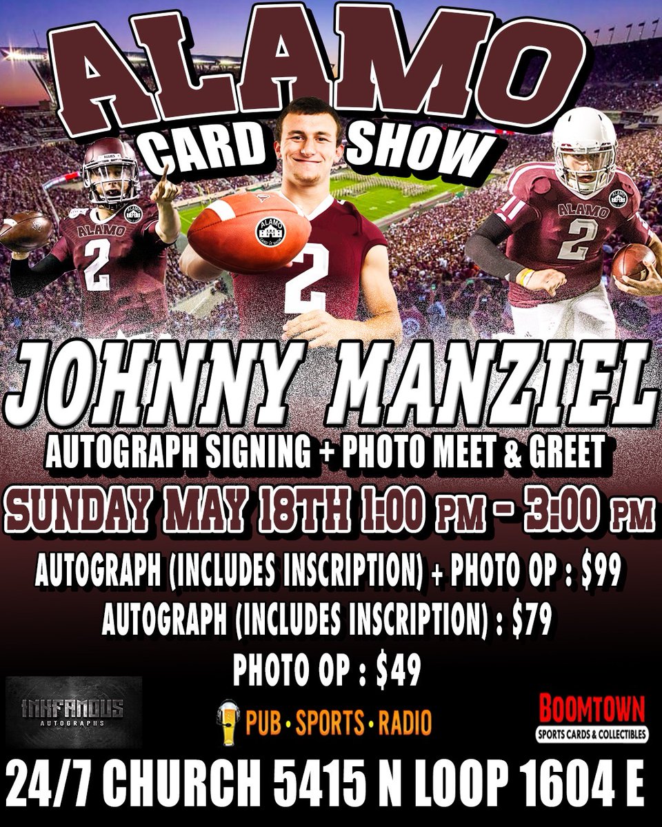 alamocardshow's tweet image. We are excited to announce that the 2012 Heisman Trophy winner and Legendary Texas A&amp;amp;M QB, Johnny Manziel, will be attending the Alamo Card Show !! He will be signing autographs and taking pictures from 1pm-3pm on Sunday, May 18th.
#buy #sell #trade #Pokemon #satx #TexasAM #gigem