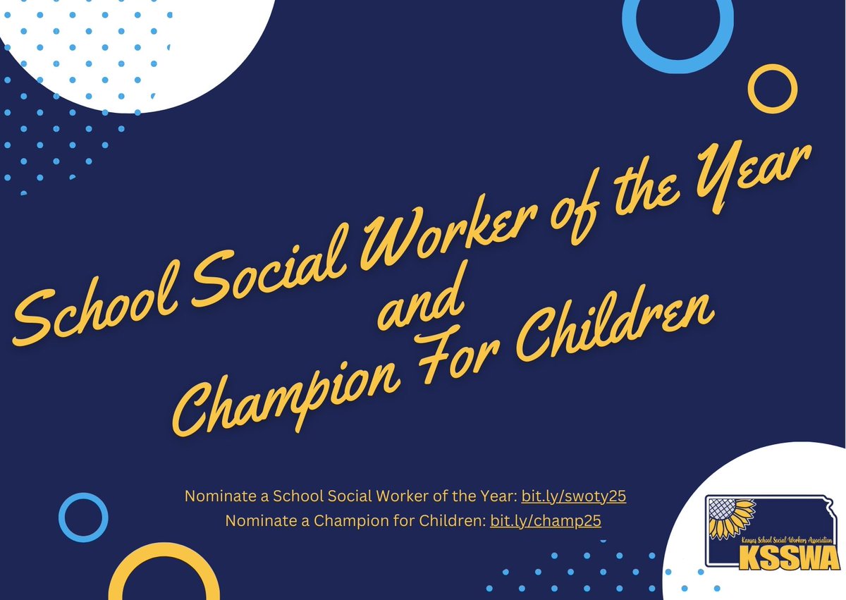 Tracie Chauvin, LSCSW (@mrschauvinsw) on Twitter photo KS friends! know a School Social Worker or Professional who advocates for school social workers that you admire? If so, nominate them for a <a href="/KansasSSWA/">Kansas School Social Work Association</a> award! We want to celebrate them!
SW of the Year Nomination: bit.ly/swoty25
Champ For Children: bit.ly/champ25 KS friends! know a School Social Worker or Professional who advocates for school social workers that you admire? If so, nominate them for a <a href="/KansasSSWA/">Kansas School Social Work Association</a> award! We want to celebrate them!
SW of the Year Nomination: bit.ly/swoty25
Champ For Children: bit.ly/champ25