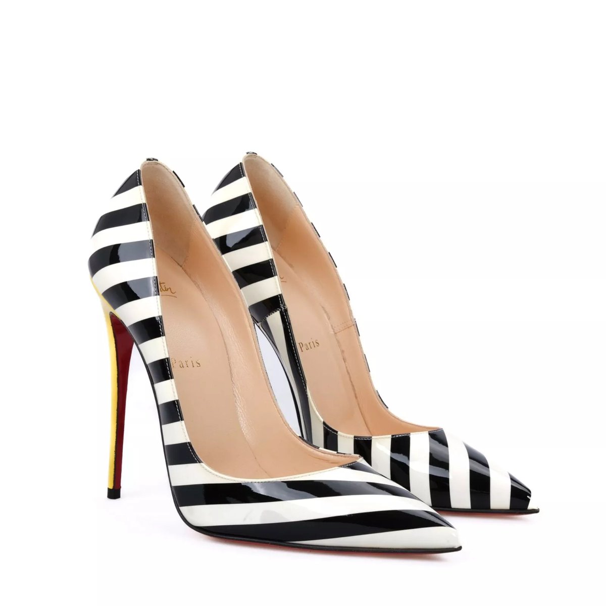Black &amp; White Striped Patent Leather So Kate Pumps