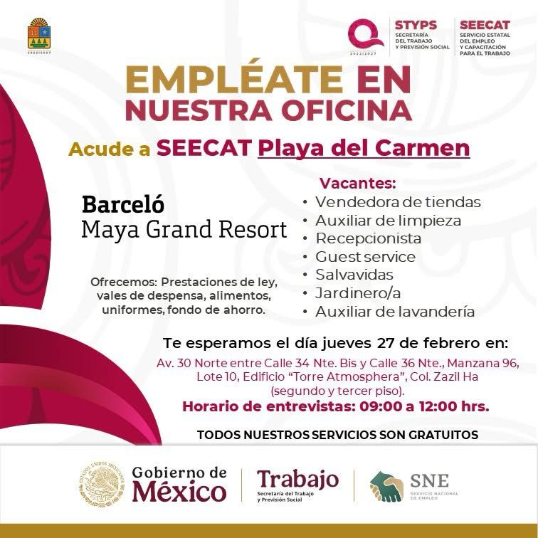 🔎¡Atención! Si vives en #PlayaDelCarmen y estás en busca de empleo, te compartimos estas vacantes disponibles en el Servicio Nacional de Empleo Quintana Roo. Consulta las fechas y horarios de entrevistas.👇🏼

#UnidosParaTransformar
