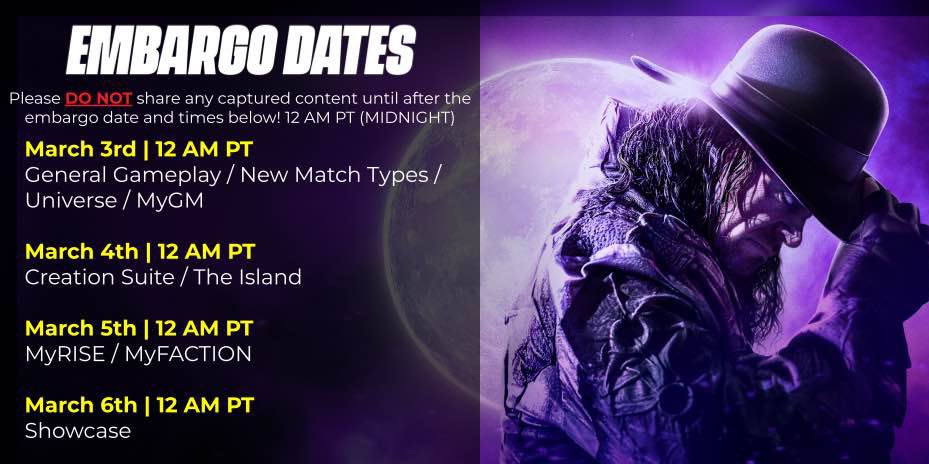 ItsMachoT's tweet image. Lots of Creators got Early #WWE2K25 Content. Look out for it all on these Embargo Dates!