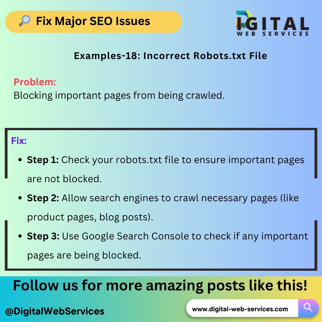 digitalwebservs's tweet image. #FixSEOIssues: 🚀 Incorrect Robots.txt File 

visit: digital-web-services.com/major-seo-issu… 
▾▾▾▾
#SEO #RobotsTxt #TechnicalSEO #GoogleSearchConsole #SEOFix #DigitalMarketing #SearchEngineOptimization #WebsiteTraffic #Indexing #SEOHelp #GoogleSEO #SEOForBusiness