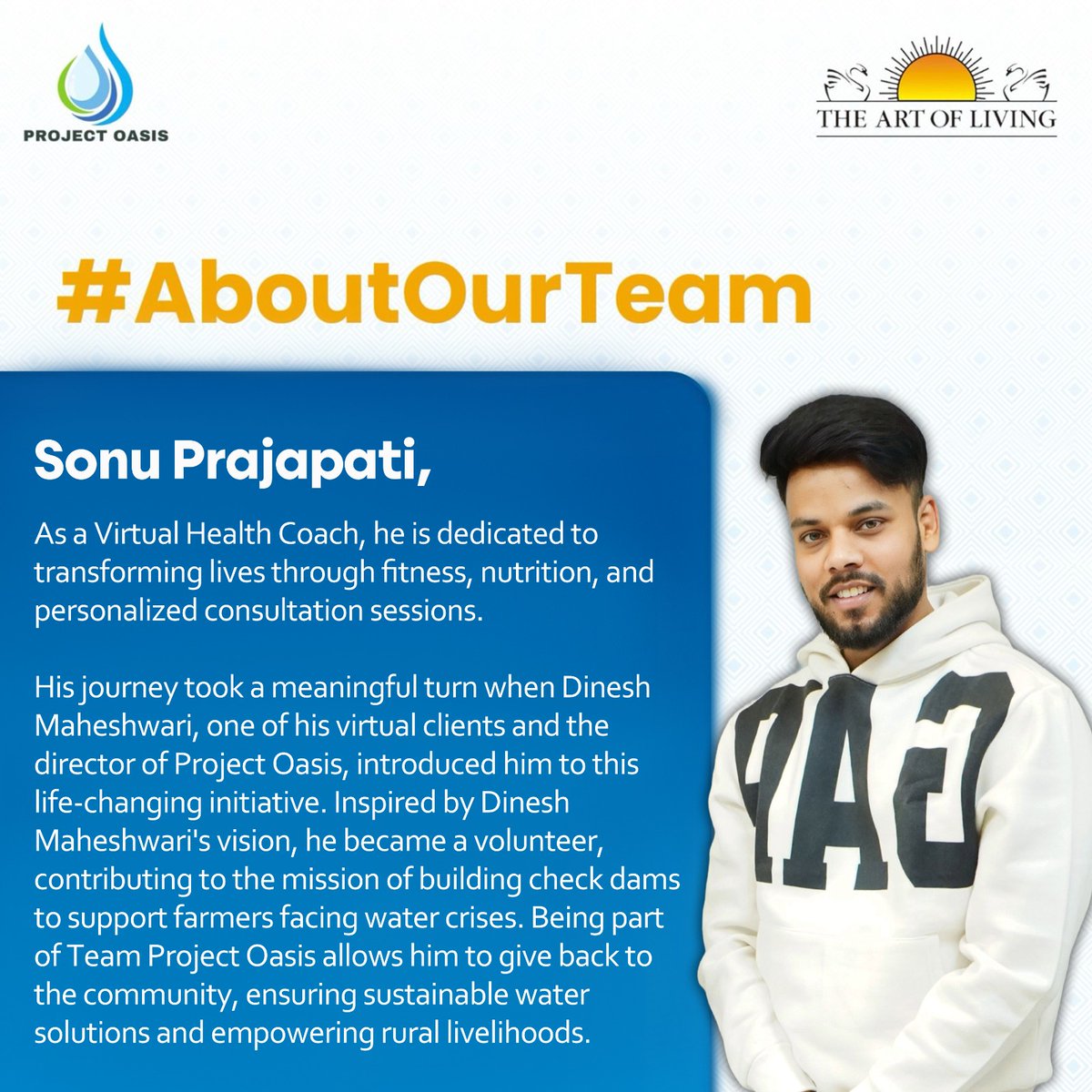 ProjectOasis02's tweet image. Meet Sonu Prajapati – a Virtual Health Coach passionate about fitness and giving back. Inspired by Dinesh Maheshwari, he joined Project Oasis to help build check dams and support farmers facing water scarcity.
🌱💧 Empowering lives, one drop at a time
#HealthCoach #ProjectOasis
