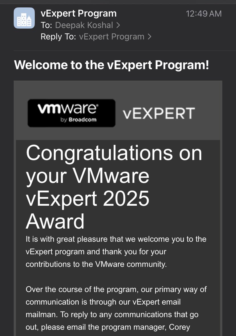 Deepakkoshal's tweet photo. Honored to have been selected again for 2025 #vExpert Program! Thankful to #VMware and the amazing #VMTNCommunity for this recognition. #vExpert https://t.co/BYVUTxliF6