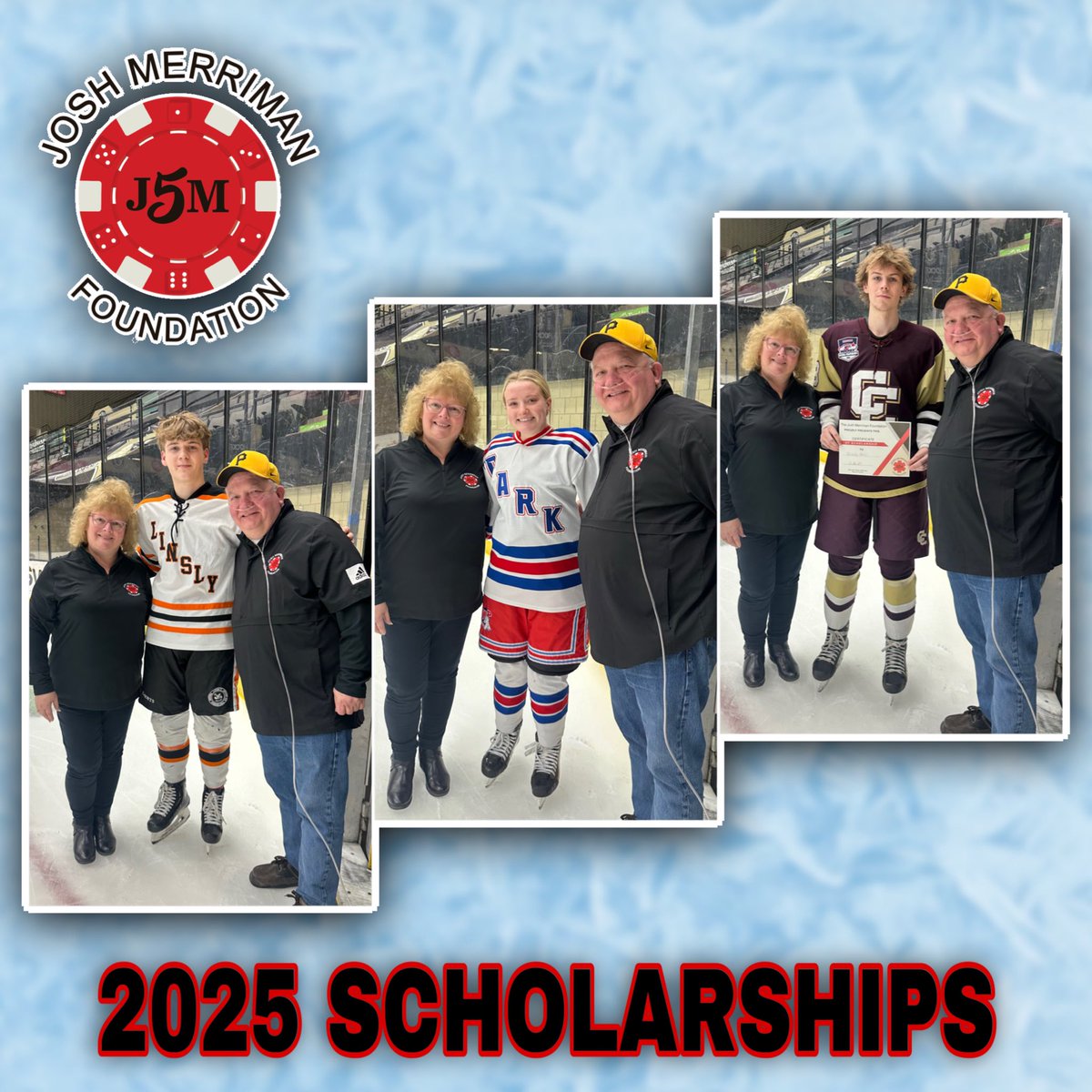 Tonight, we had the honor of awarding three $500 scholarships at the Wheeling High School Hockey All-Star Game! These outstanding student-athletes were selected by their head coaches. Congratulations to the recipients—we wish you all the best in your future endeavors! #J5M