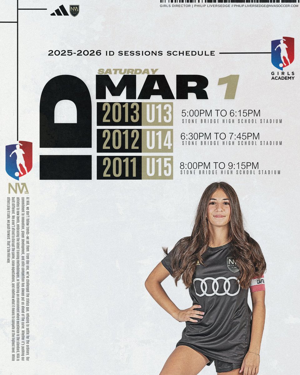 🚨 Next Up: NVA Girls ID Sessions! 🚨

This session is open to all players from all clubs—come compete, develop, and experience what NVA is all about! ⚽💪

📅 Date: Saturday, March 1, 2025
📍 Location: Stone Bridge High School Stadium
📝 Sign up now! Link in our bio.