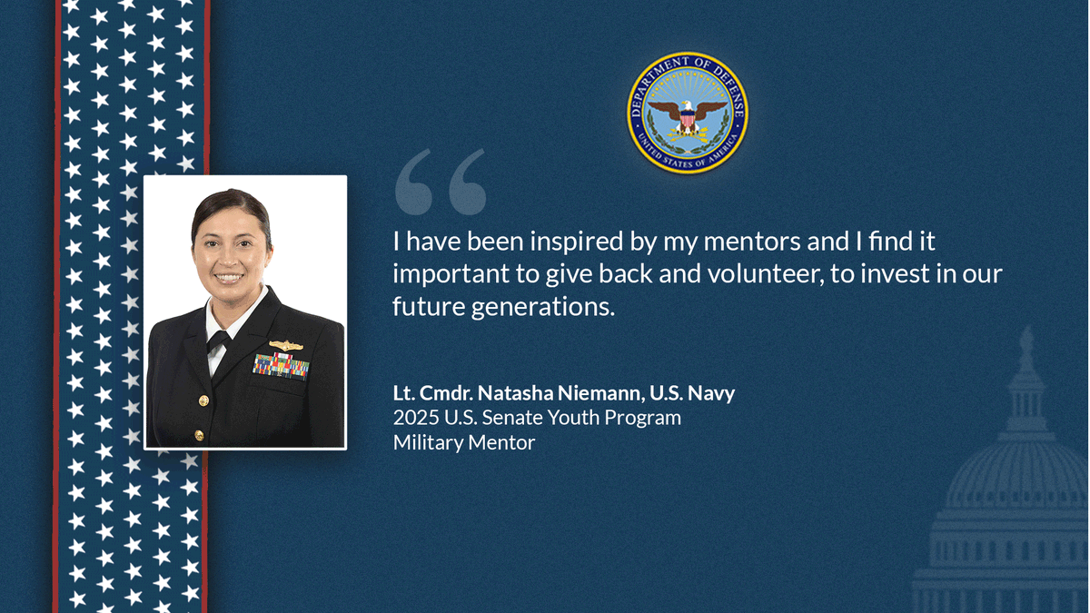 DoD_Outreach's tweet photo. .@USNavy Lt. Cmdr. Natasha Niemann joins the 2025 #USSYP joint force military mentor cohort excited to share her passion for service with the @SenateYouth student delegates. https://t.co/LJ3Tp3cfbP