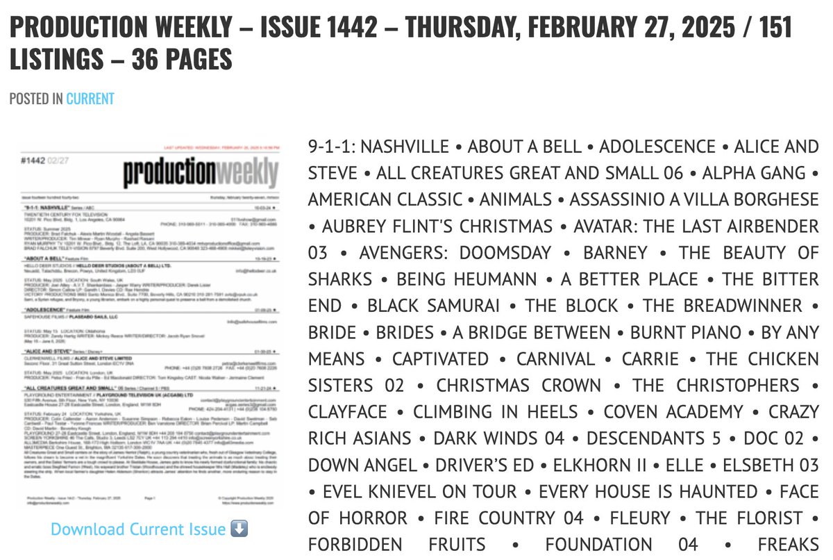 Production Weekly - Issue 1442 - Thursday, February 27, 2025 / 151 Listings - 36 Pages

Download Current Issue ⬇️

productionweekly.com/production-wee…